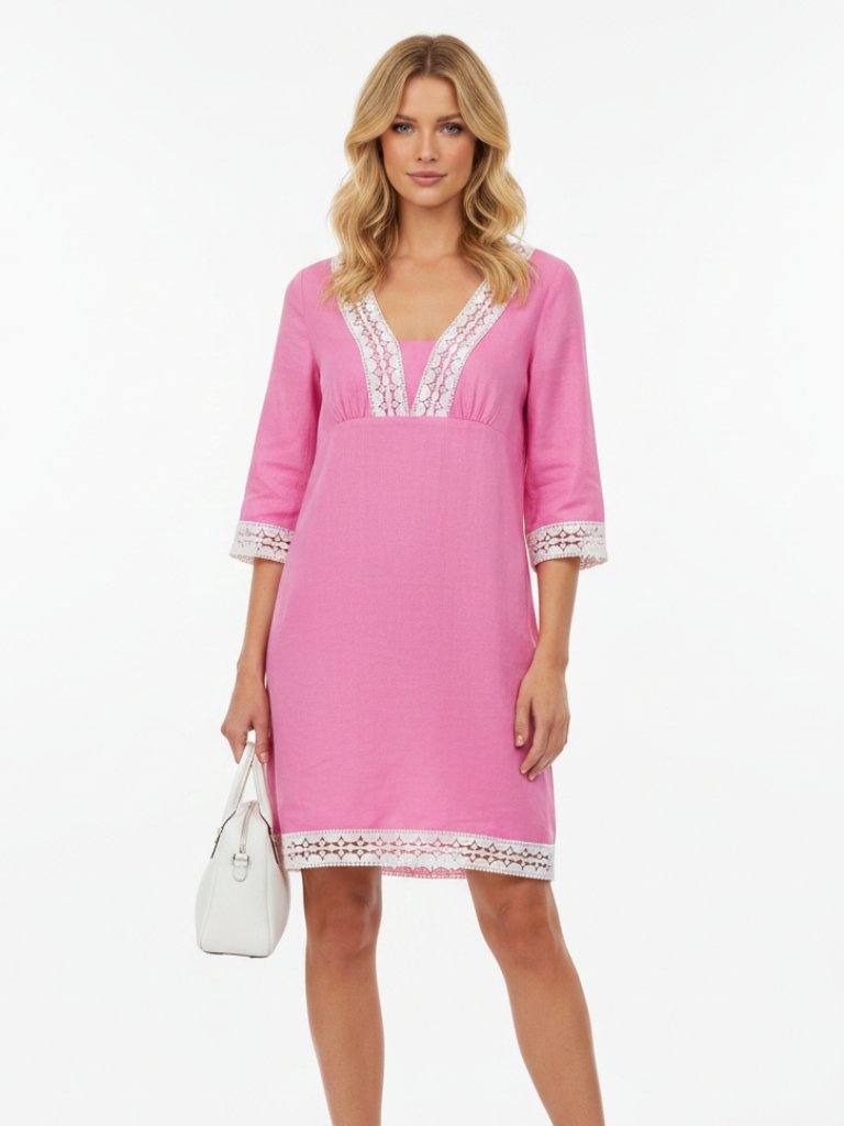 Lilly Pulitzer Linen Blend Pink & White Crochet Lace Half Sleeve Mini Dress 10